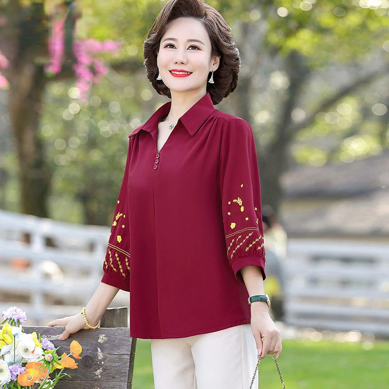 5XL OL Three Quarter Sleeve Loose Casual T-shirt Summer Clothes Middle-aged Mother Turn Down Collar Bottom Shirt Women Top