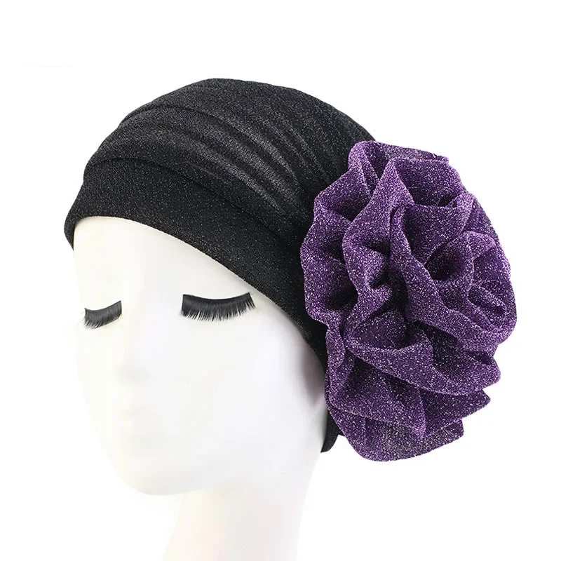 ผู้หญิง Hijabs Elegant SHINY Turban ดอกไม้ใหญ่ Headscarf หมวก Headwrap มุสลิม Hijab Chemo หมวก Bonnet Beanies Shimmer Headwear ใหม่