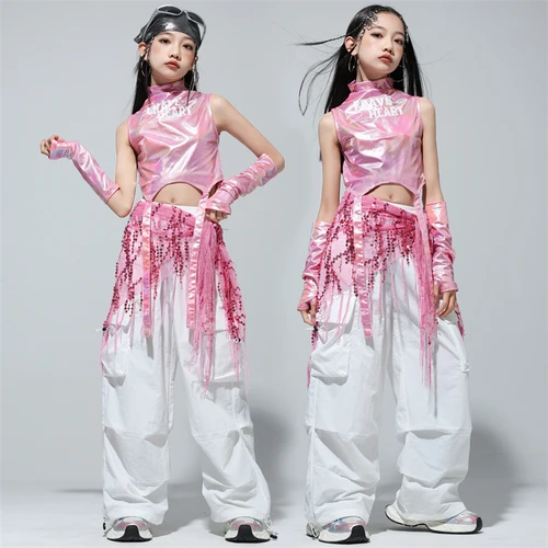 Trajes de actuación de Jazz para baile callejero para niños, ropa de Hip Hop para niñas, traje de pantalón largo sin mangas brillante para pasarela y escenario