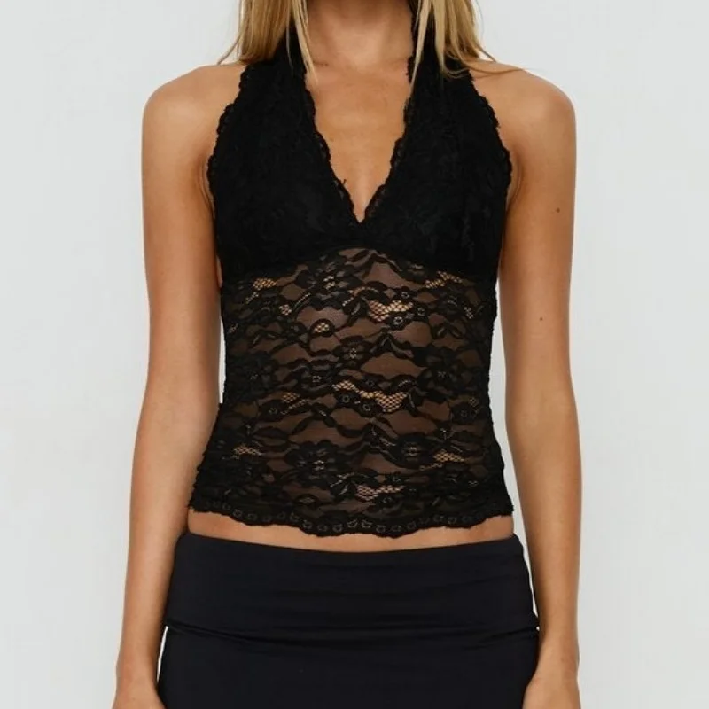 Women Halter Neck Tank Tops Sheer Lace Backless Summer Sleeveless Sling Vest Slim Fit See‑Through Cropped Tank