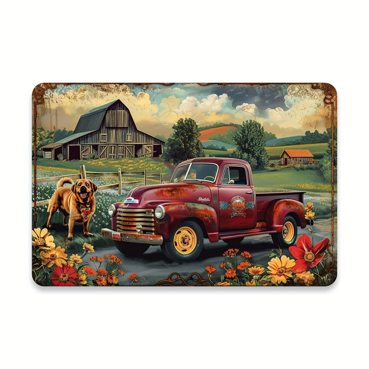 Pastoral Elegy: Vintage Metal Tin Sign Featuring an Old Truck And Loyal Friends, Suitable for Indoor And Outdoor Decoration, H