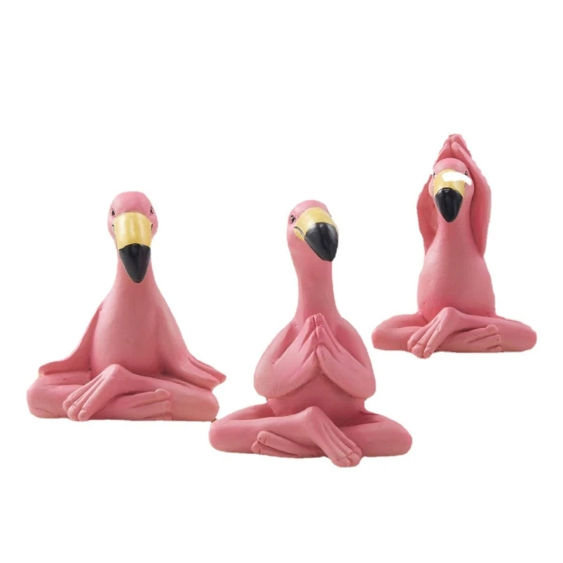 3-Pieces Yoga Flamingo Figures Lovely Flamingo Pink Mini Miniature Unique Gift for Fairies Garden Funny Home Decor