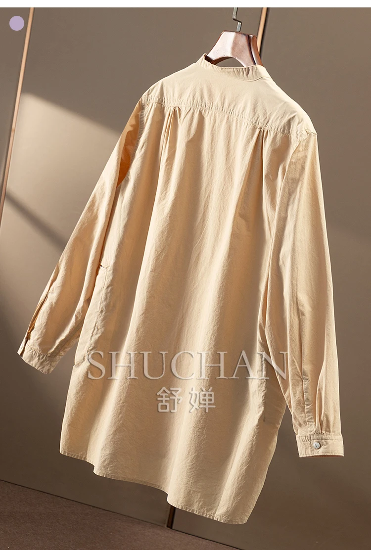 loose high style, early autumn pure cotton dark pattern fine grid small stand-up collar shirt women's 01E9 special