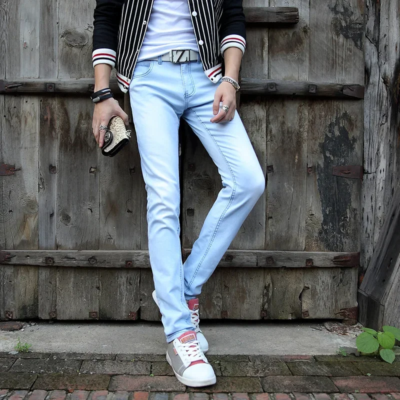

Elastic Jeans Trousers Four Seasons New Fashion Washed Blue Cotton Straight Slim Jeans Pants Male Casual Trendy Denim Trousers