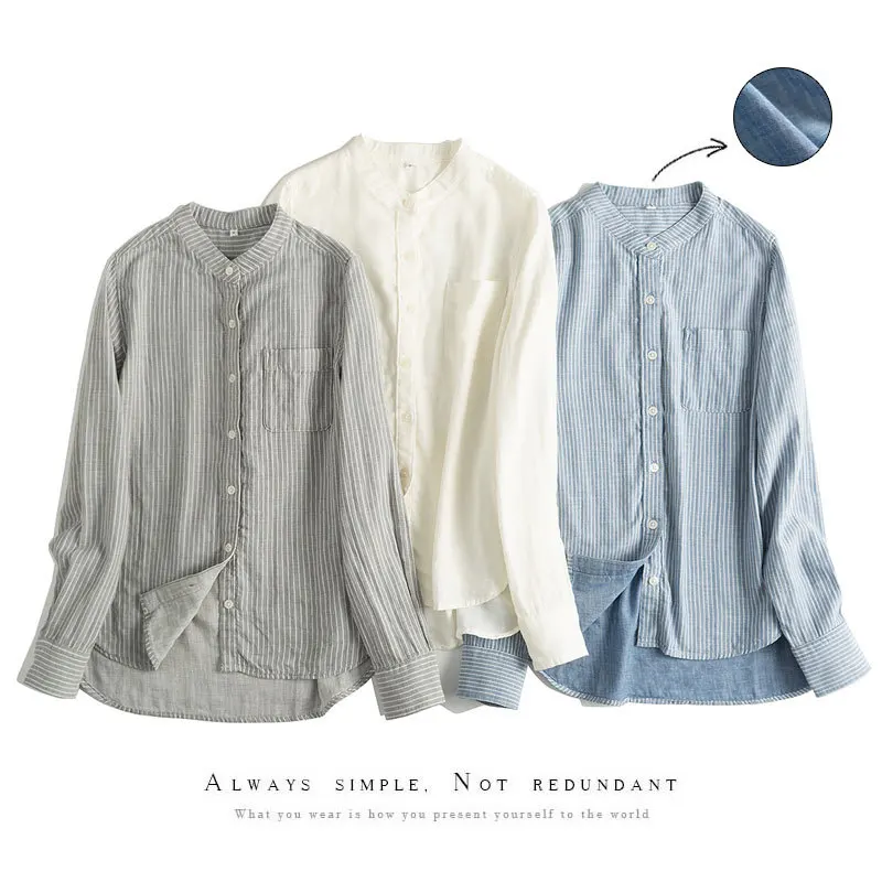 

Dave&di Double Layer Cotton Yarn Woven Stand Up Collar Striped Long Sleeved Shirt For Women Blouses Women's Clothes Shirts Tops