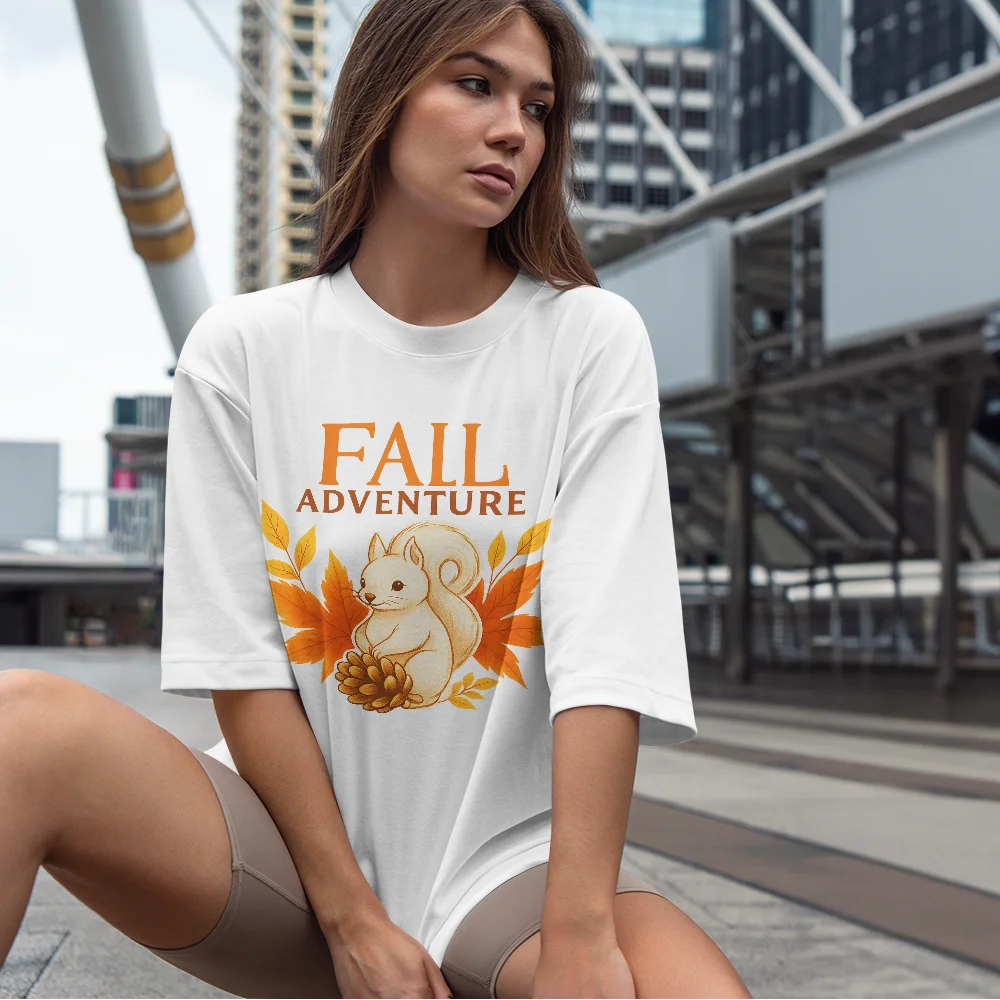 

Comfortable Women's Print T-shirt Fall Adventure Squirrel T Shirt with Autumn Leaves and Pinecone Design Ladies' T-shirt Top