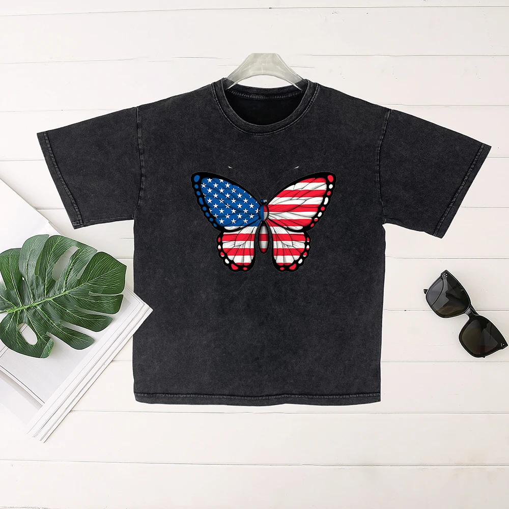 Seeyoushy American Flag Element Butterfly Print New Summer Women's Short-sleeved O-neck Top Y2K Women's Tshirtr Independence Day