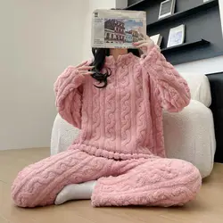 New Pajama Sets Women's Solid Long Sleeve Winter Woman Fluffy Pijama Suit with Pants Thick Warm Fleece Home Clothes for Female