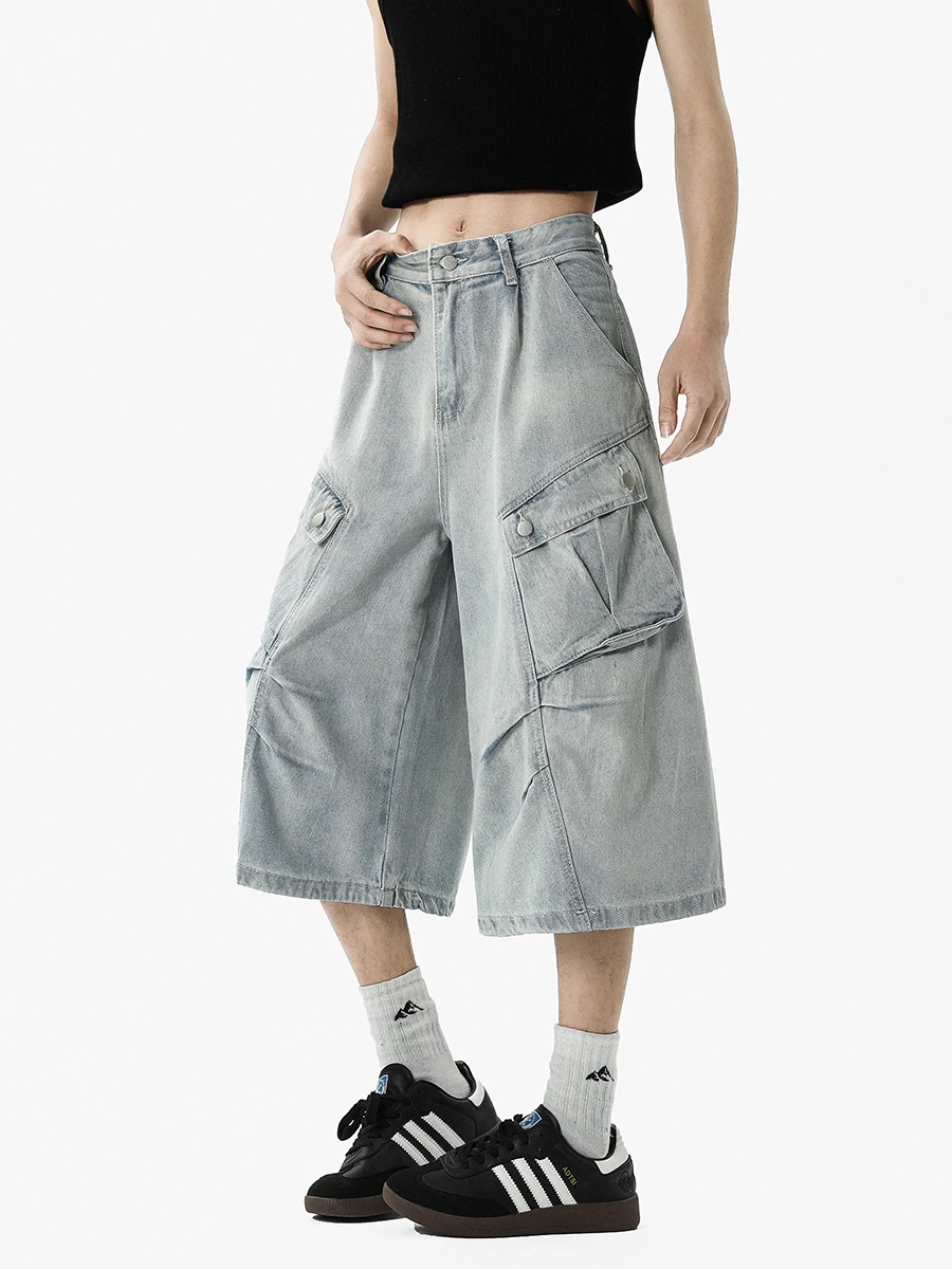 

Мужские джинсовые шорты American Style: летние, винтажные, уличные, широкие, укороченные (7/8), повседневные, свободного кроя, модные