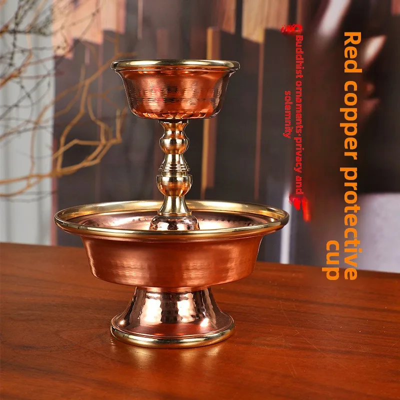 

Nepal Red Copper Dharma Cup Hand Carved Tibetan Buddhist Offering Cup with Eight Auspicious Symbols Decor