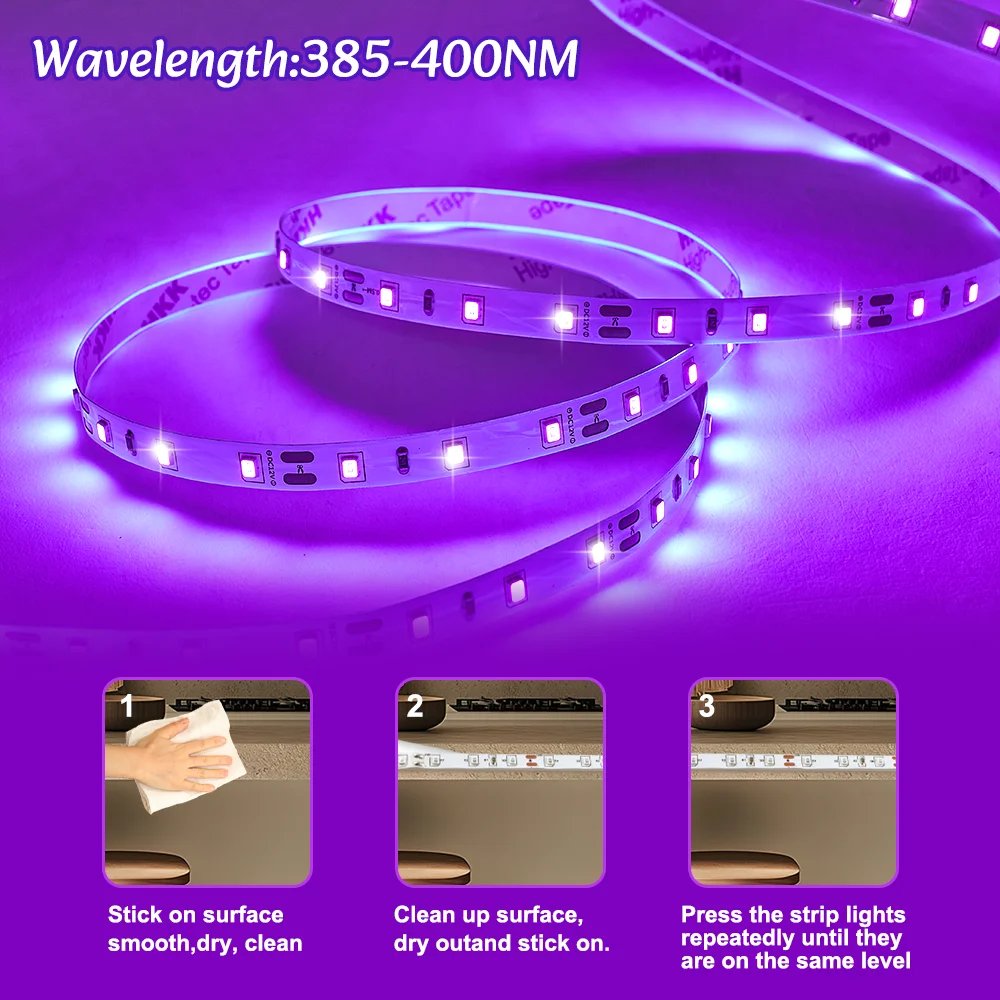 2-10M USB LED Light Strip, LED Black Light 385-400nm UV Light, Cuttable for Christmas Fluorescent Party Neon Room Decor Tapestry