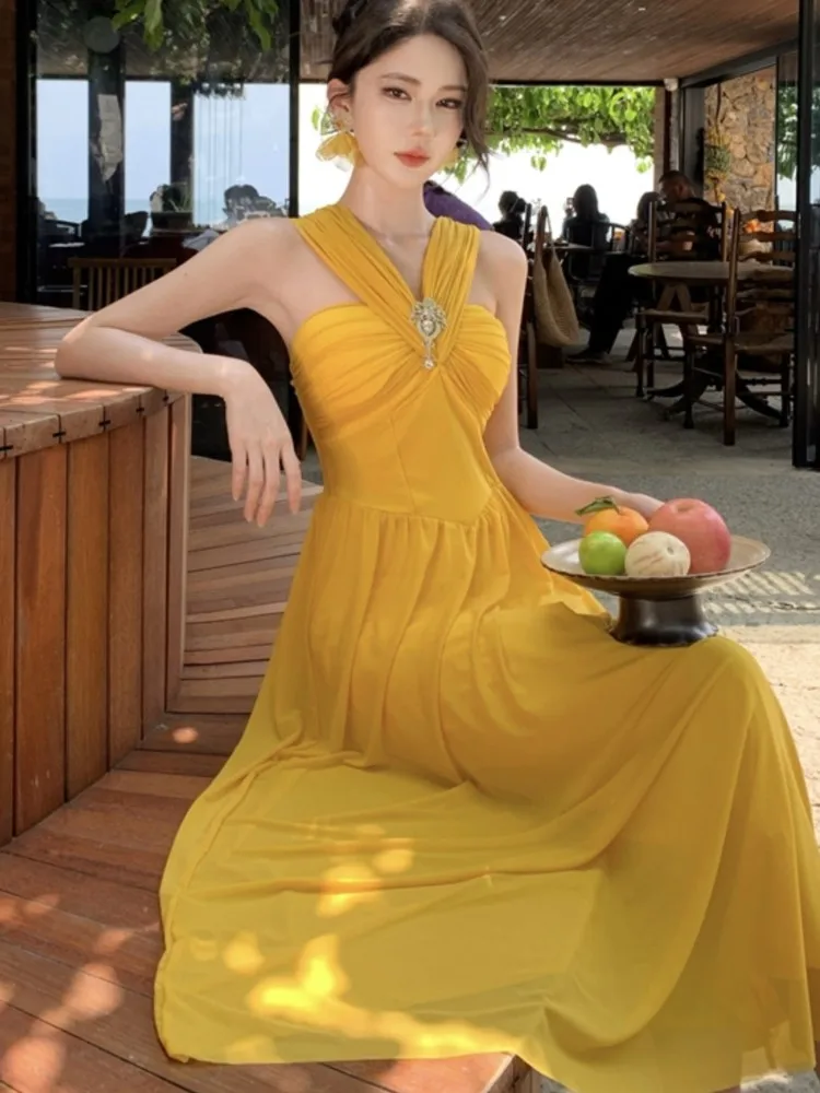

Summer French Fairy Dress For Woman Fashion Folds Mesh Slash-Collar Slim Fit Strap Long Dresses 2025 New Party Evening Prom Robe