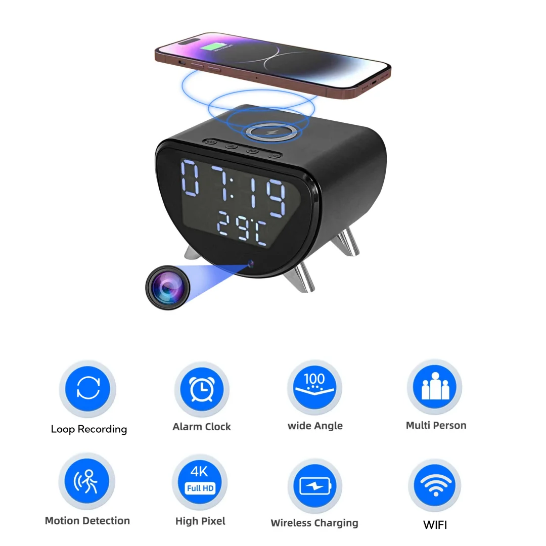 C4 Alarm Clock Mini Camera 4K HD Wireless Charger and Display Temperature Motion Detection Surveillance with 64GB SD Card