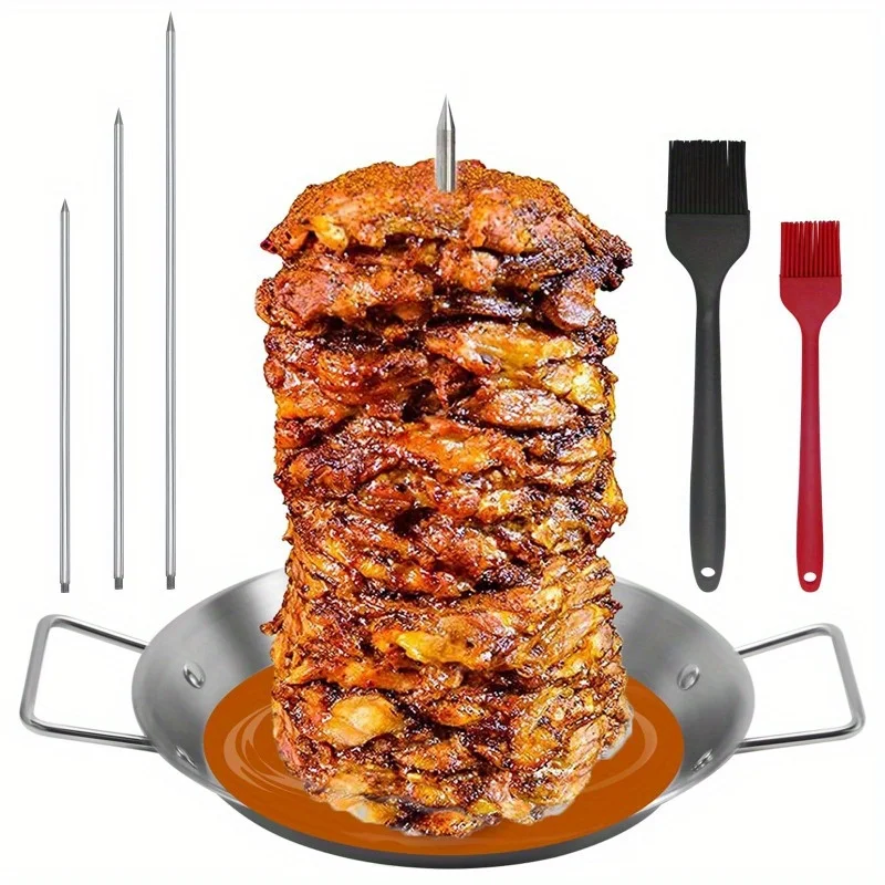 1Set Al Pastor Skewer for Grill, Stainless Steel Vertical Skewer Shawarma Stand Vertical Spit with 3 Removable Spikes(8''/10''/12'') & Brushes Gyro Pan for Tacos, Kebabs Smoker, BBQ