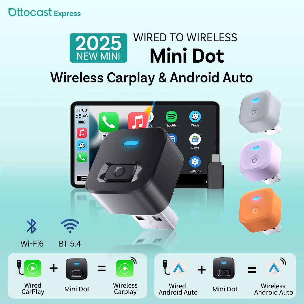 Ottocast Mini 2 Wireless Carplay Adapter Android Auto Wireless Wi-Fi6 BT5.4 Dual Channel Plug&Play Auto Switch 2 Phones Dongle