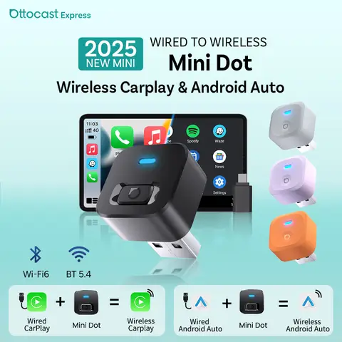 Ottocast Mini 2 Wireless Carplay Adapter Android Auto Wireless Wi-Fi6 BT5.4 Dual Channel Plug&Play Auto Switch 2 Phones dongle
