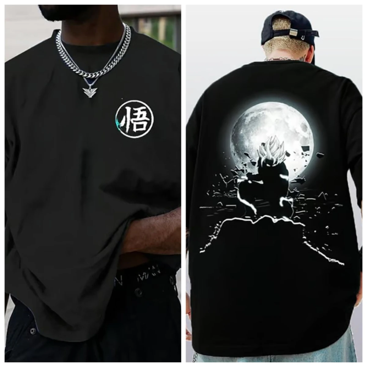 

Mens Black Long Sleeve T-Shirt with Full Moon Goku Silhouette Back Print and Front Kanji Character Design Dragon Ball Z Graphic