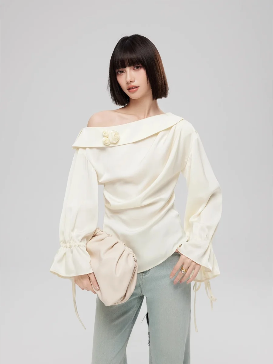 

Romantic Rose Embellied Satin oulder Bared Top French Sle Slim Fit Long Sve One oulder Warmth Thin Women's irt