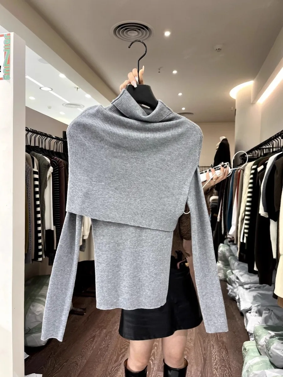 Women's Turtleneck Shawl Layering Pullovers Knitwear Two-Piece Sets Winter Autumn Solid Color Slim Fit Long-Sleeved Sweater Top