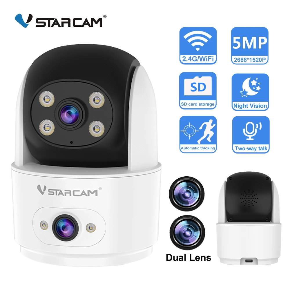 Vstarcam 5MP Dual Lens Camera HD CCTV Security Surveillance Indoor Full Color Night Vision Two Way Radio Human Tracking Camera