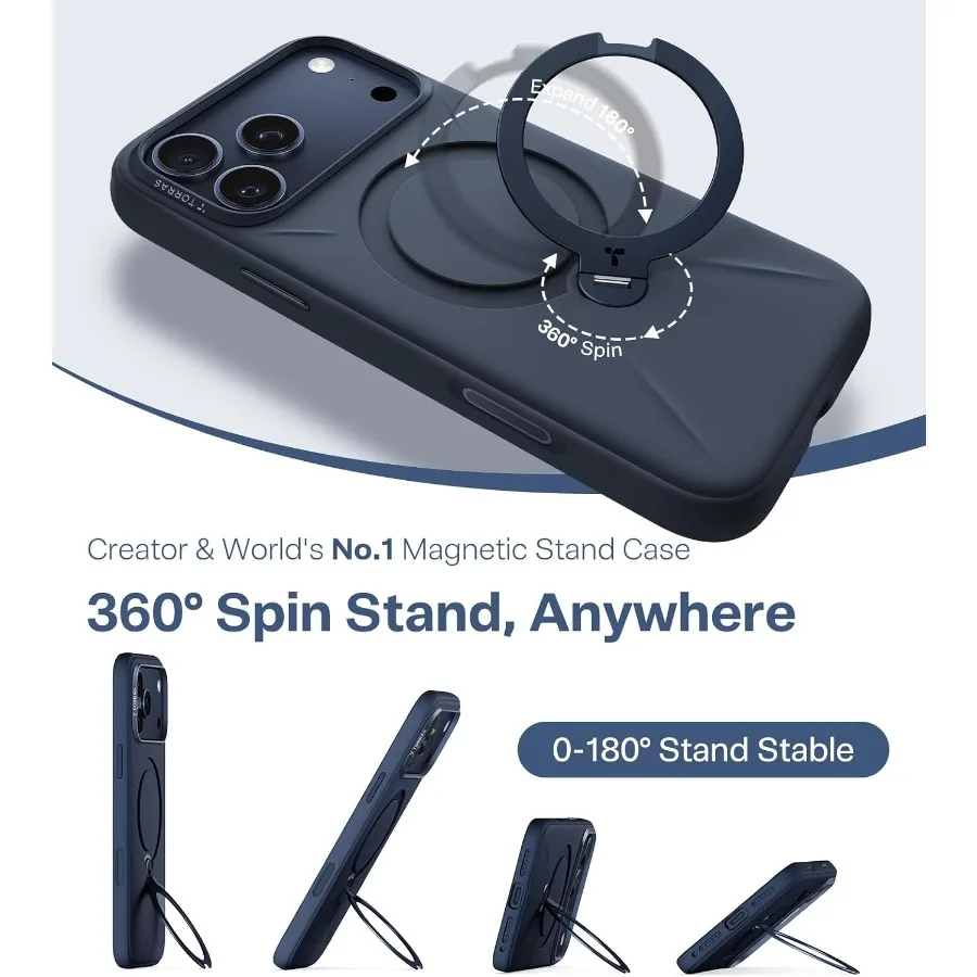 Custodia protettiva blu intenso per iPhone 17 Pro Max con compatibilità MagSafe Supporto per anello di rotazione a 360° Supporto morbido silicone liquido accogliente