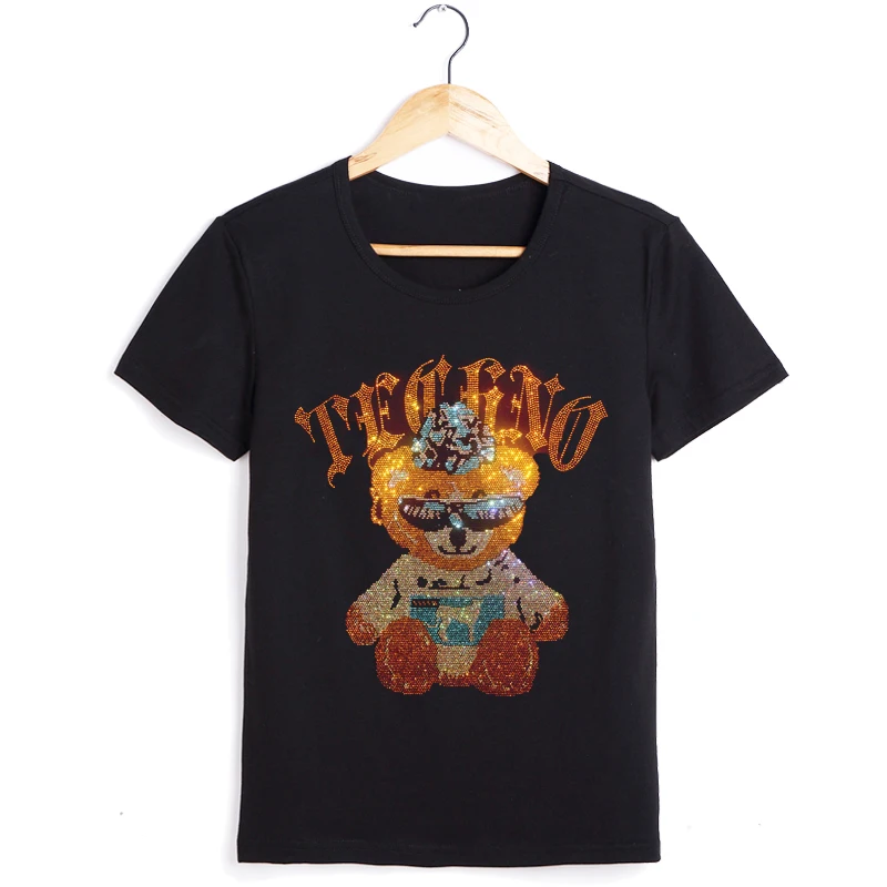 

Fashion women clothing cartoon bear tops colorful diamonds blouse shirt short sleeve tee summer pullovers tshirts loose shirts