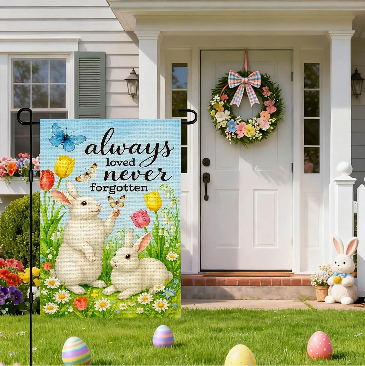 IVN Happy Easter Garden Flag 12 x 18 Inch Double Sided Burlap Bunny Flags Always Loved Never Forgotten Bunnies with Tulips S ZZM