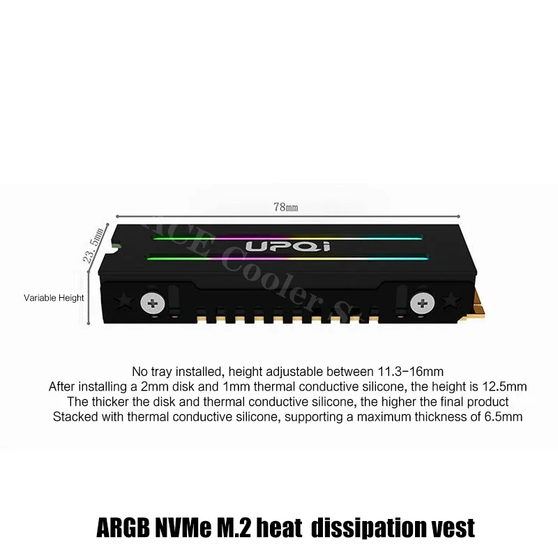 NVME NGFF M2 SSD Heatsink 5V ARGB , Dual Side Dissipation Vest Aluminum Alloy Thermal Conductive M.2 Solid State Drive Cooler