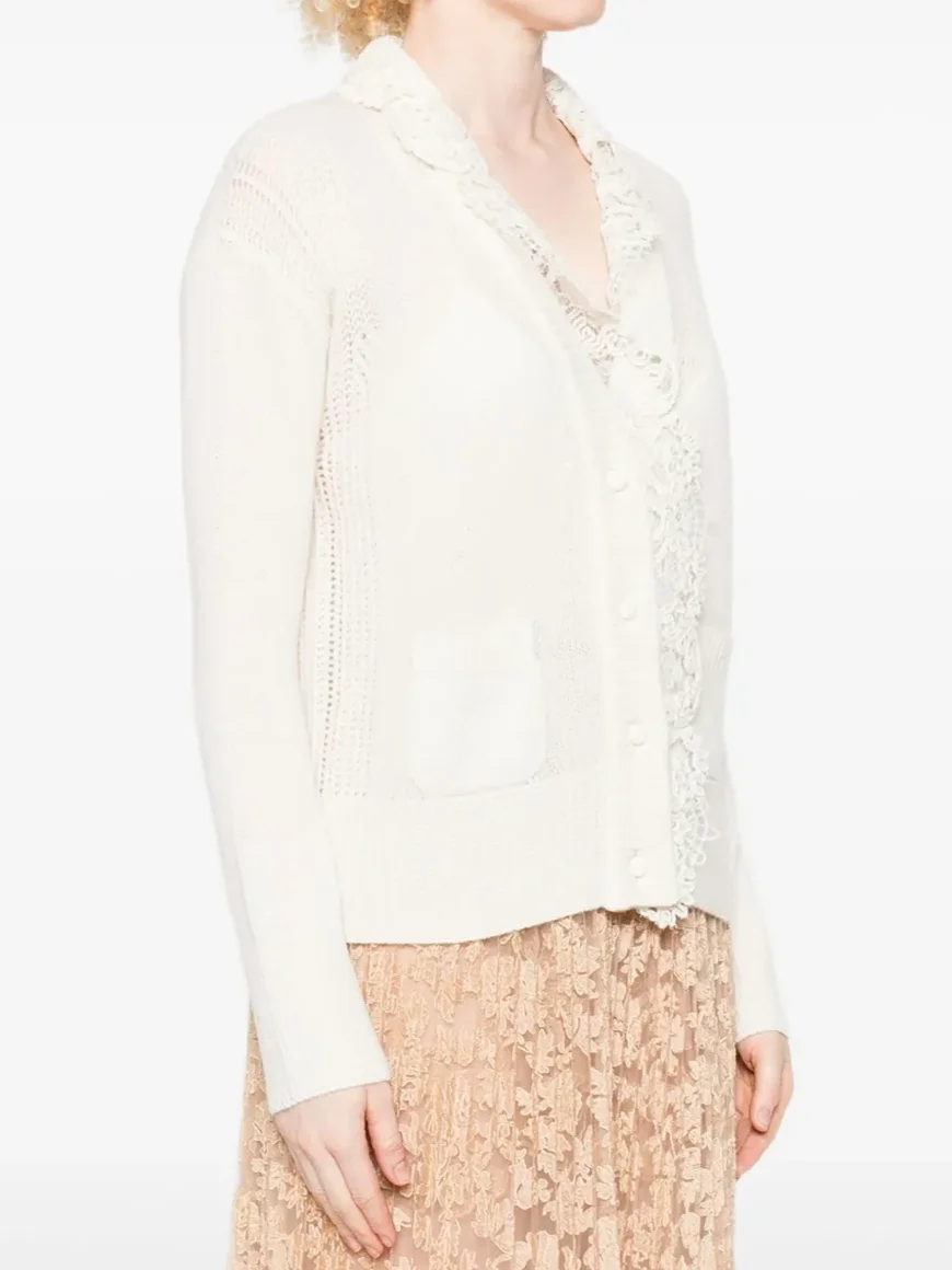 

Женский вязаный кардиган с кружевной вышивкой, осенний однобортный элегантный женский свитер с v-образным вырезом и длинными рукавами