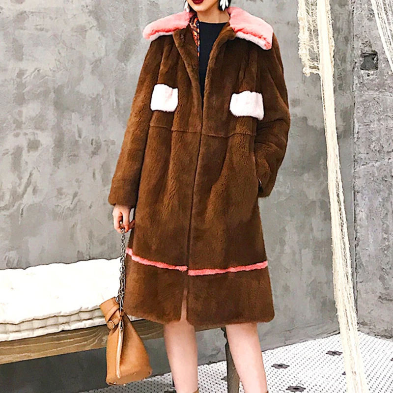 Ftangaiur Winter Import Velvet Mink Fur Coat Turn-Down Collar Patchwork Striped Mink Coat Women Long Natural Real Mink Fur Coats