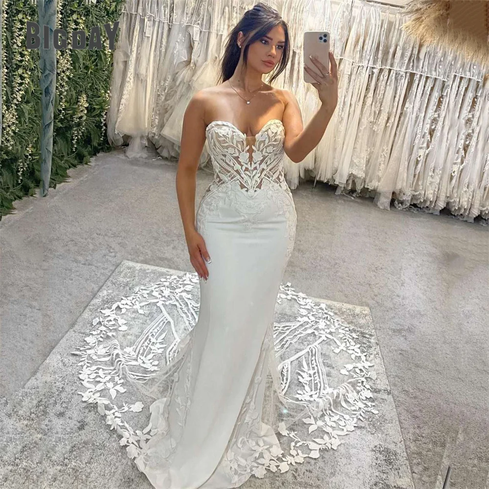 

Elegant Mermaid Wedding Dress Women 2024 Lace Open Back Sweetheart Strapless Applique Bridal Gown Sweep Train Vestidos De Noiva