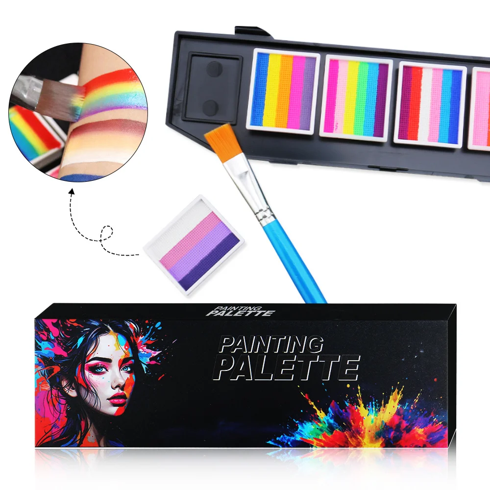 Body Face Painting Water-Soluble Rainbow Makeup Palette with Brush for Children Adult Halloween Carnival Cosplay Art Party
