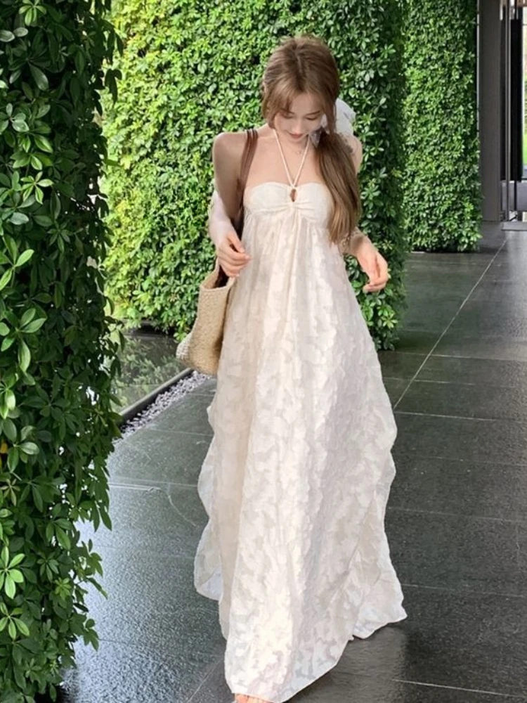2025 春 ホルターネック バックレス ドレス A ライン パッド入り ビーチ ドレス エレガント レース カットアウト リゾート マキシ ドレス ガールズ レディース