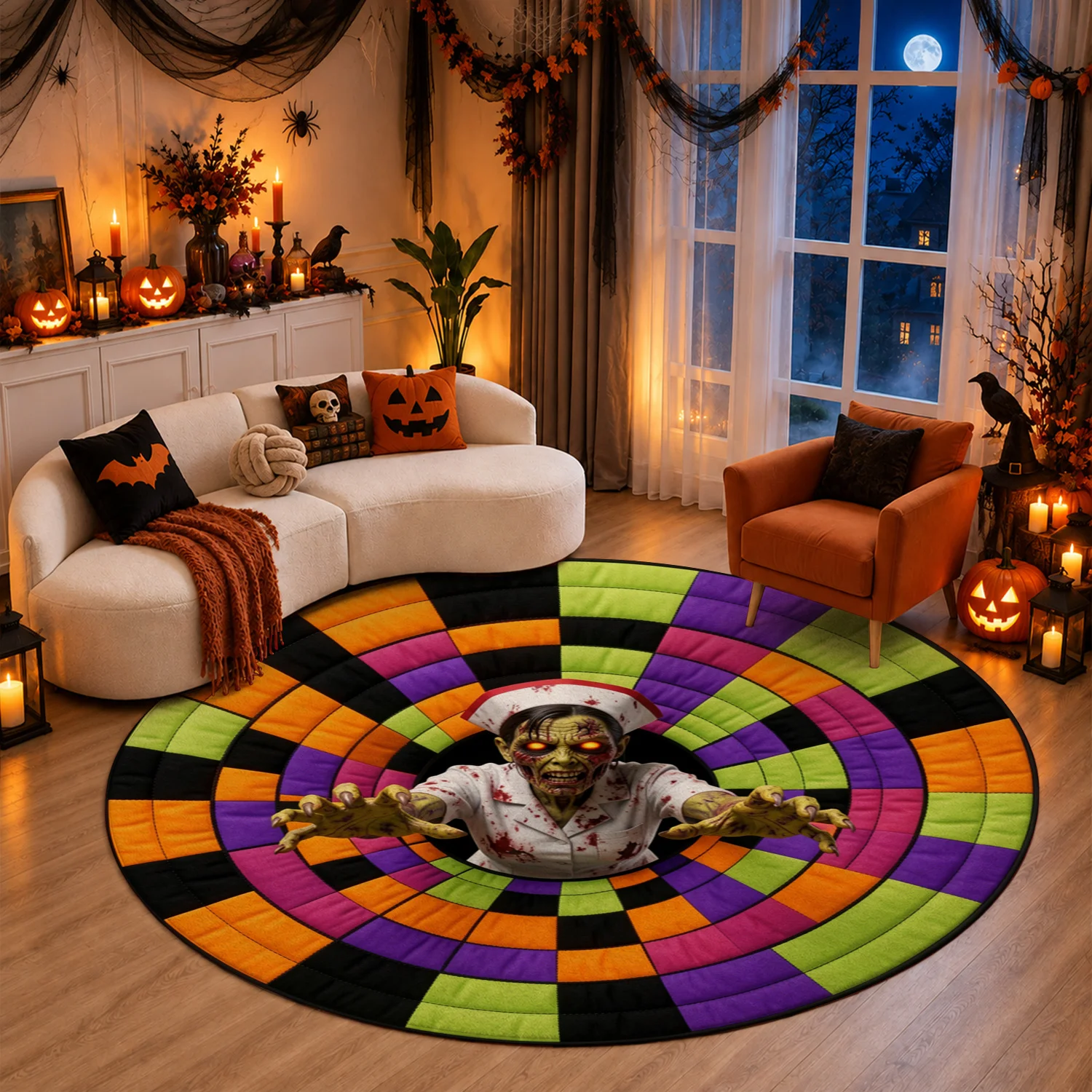 Colorful Zombie Nurse Circular Patchwork Mat Velvet Machine Washable Living Room Bedroom Dining Entryway Floor Decor Halloween Thanksgiving Black Friday Cyber Monday Christmas New Year