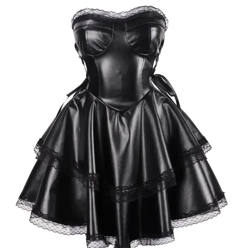 Nuevo Mini vestido de verano a la moda para chica, vestidos mullidos sexis con cintura hueca de cuero Pu negro, vestido informal Harajuku para mujer