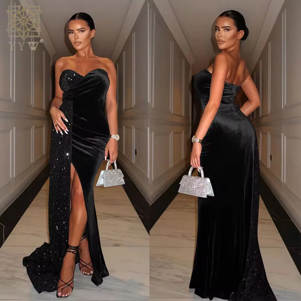 

2024 Summer Luxury Strapless Evening Party Dresses Stretch Velvet Sexy Slit Leg Padded Long Cocktail Prom Dress Wedding Gown