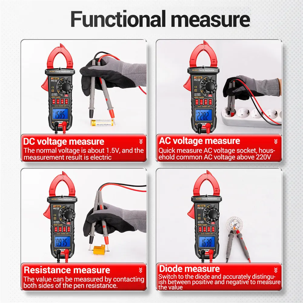 PN128 4000 التهم الرقمية المشبك متر 600A التيار المتناوب/تيار مستمر الجهد تستر Ammeter NCV صحيح Rms المتعدد شاشة LCD
