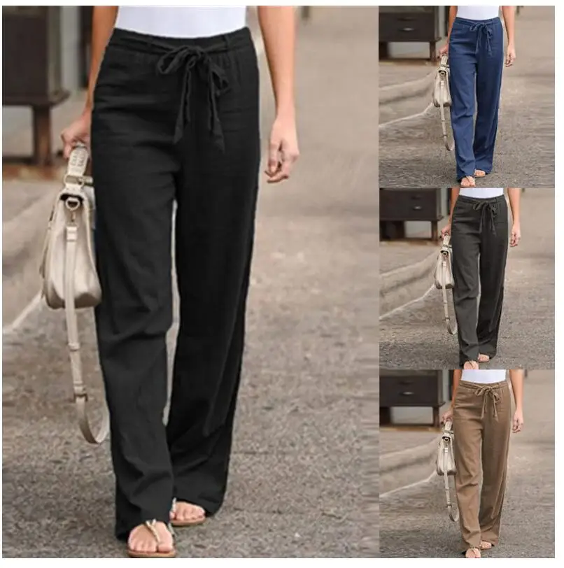 

Loose Wide Leg Pants Women's Color Elastic Waist Casual Trousers Cotton Straight Cut mid Low Waist Summer Fashion