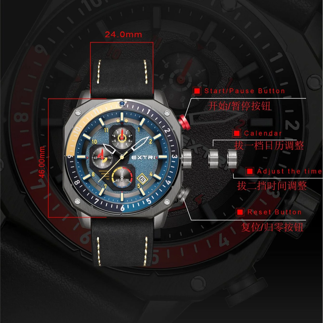 EXTRI Multifuncional Sports Quartz Watch para homens, relógio calendário de liga, pulseira de couro empresarial elegante, novo