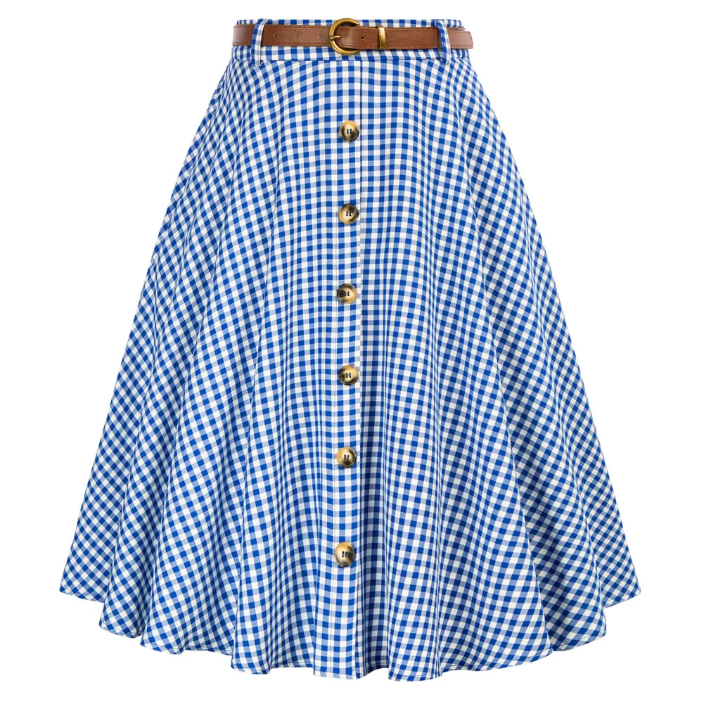 

BP Women Skirt Vintage Plaided Printed With Belt Elastic Waist Buttons Decorated School Uniform Summer 50s Harajuku Skirts