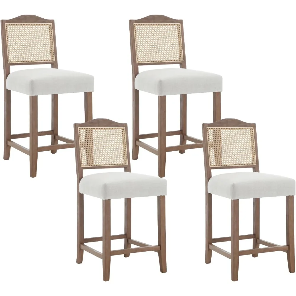 Rattan Counter Height Bar Stools Set of 4 Mid Barstools with Back Wooden High Bar Chairs Upholstered Breakfast Farmhouse