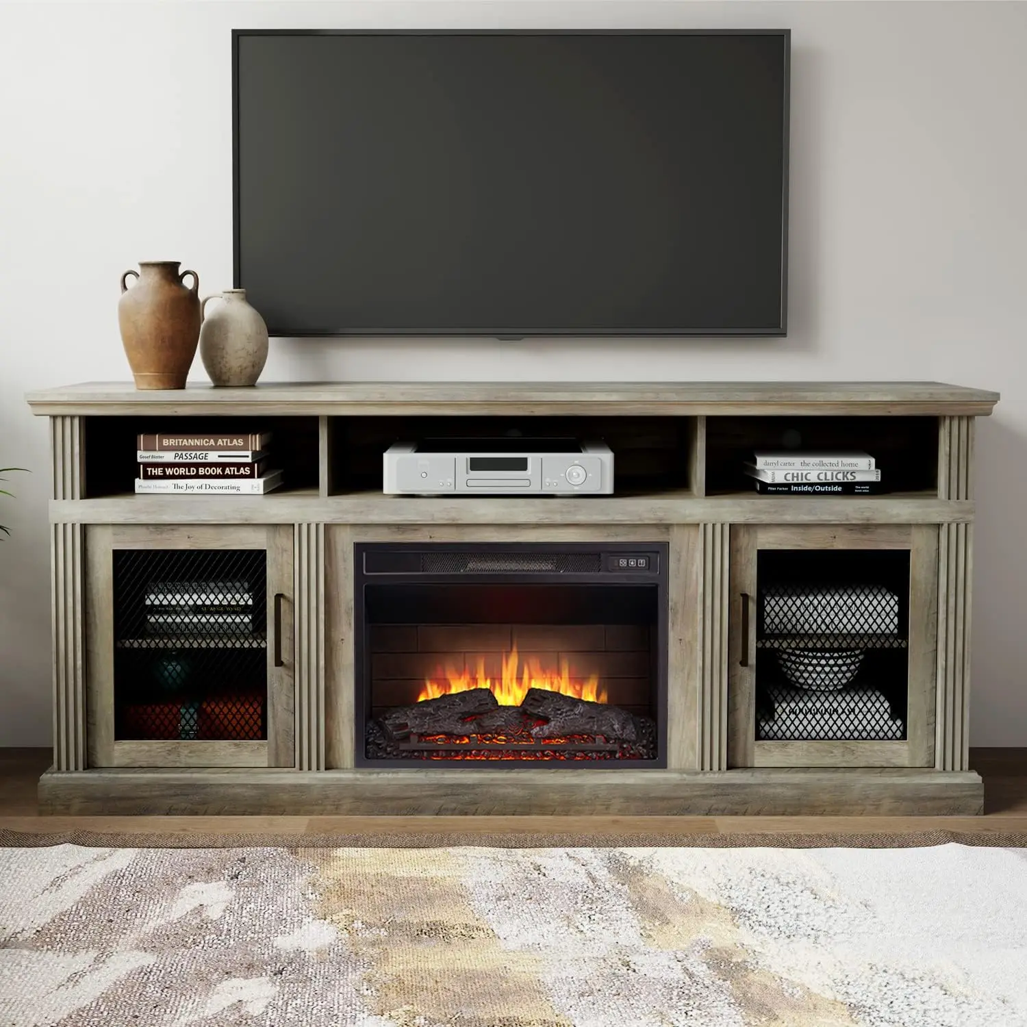 3D Fireplace TV Stand for TVs up to 80’’ Wooden Media Entertainment Center Table & TV Cabinets w/Storage Shelves