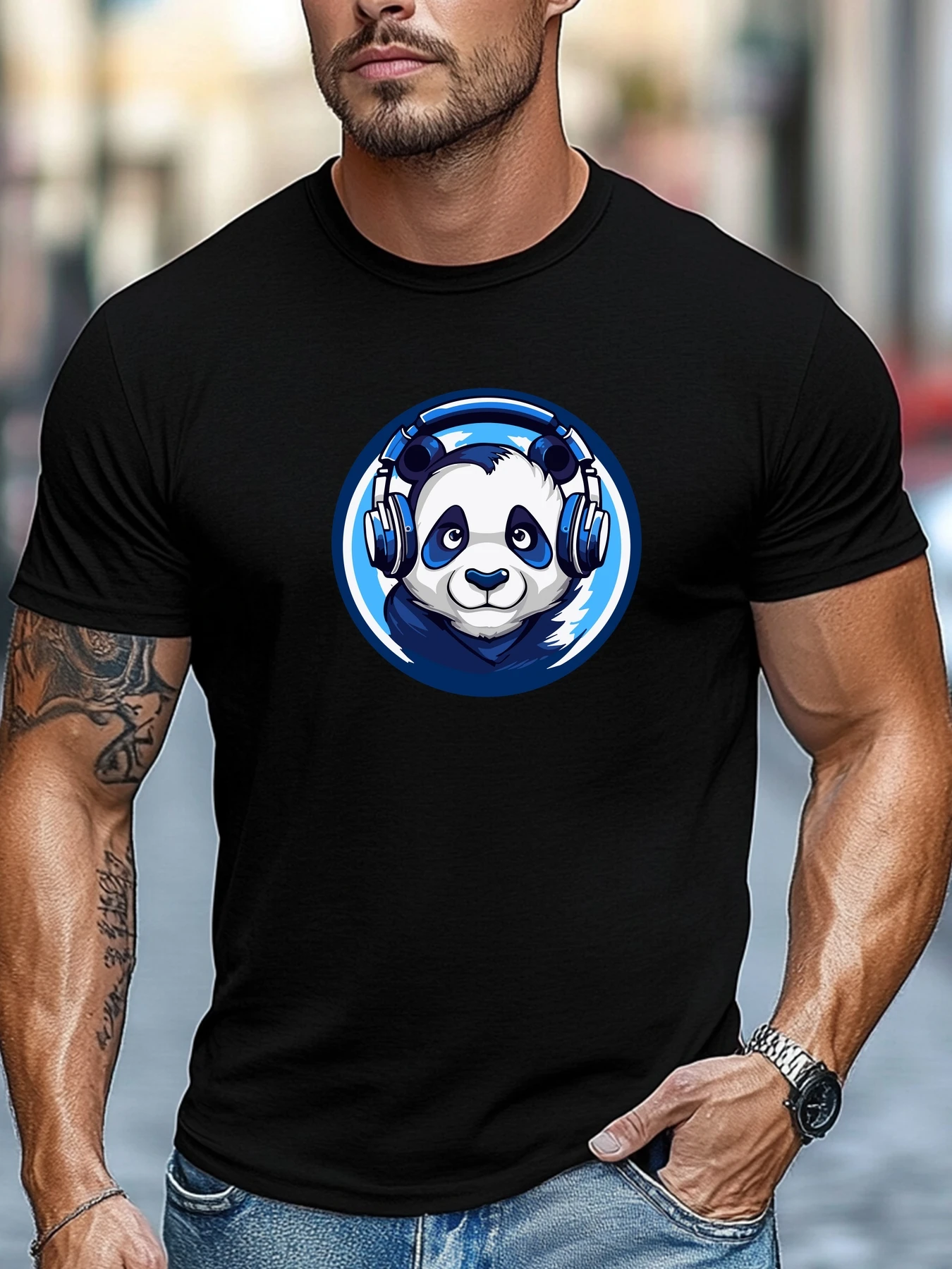 

Мужская футболка с коротким рукавом в наушниках Panda Graphic Summer Soft Comfort Fit Tee Daily Tops