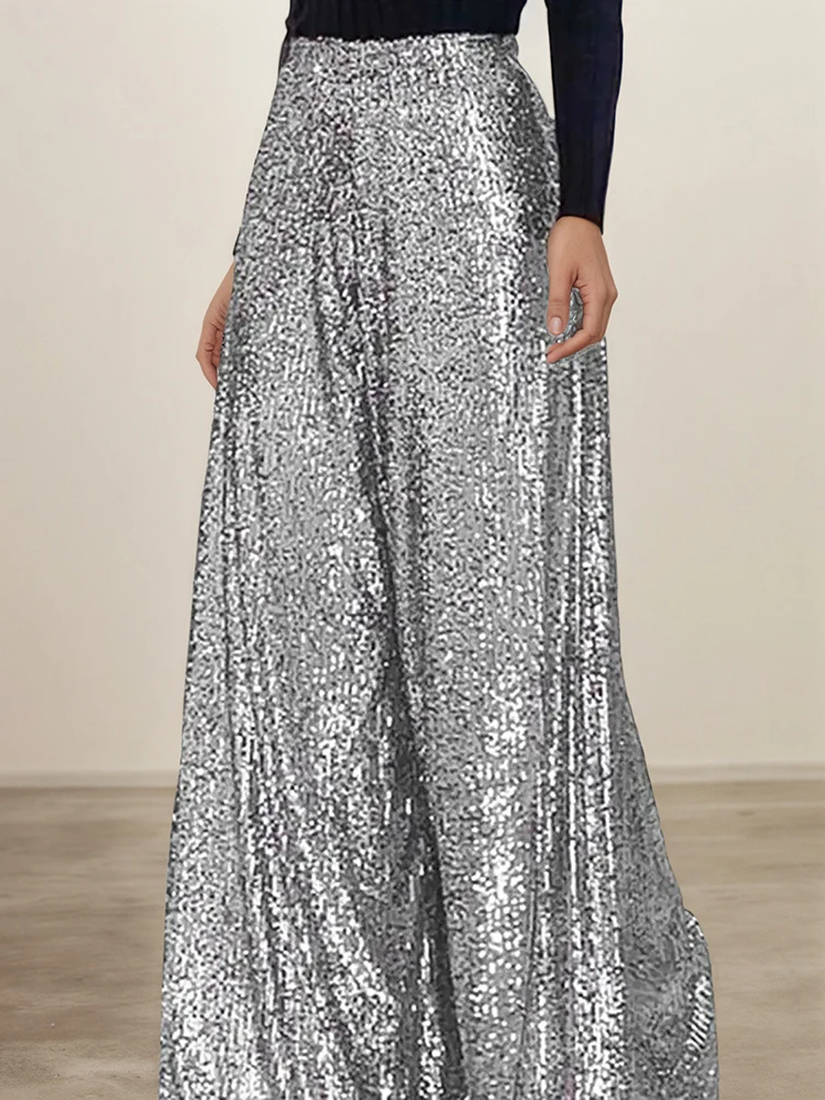 Elegant Golden Thread Women's Wide Leg Pants High Waisted Sparkle Trousers Glamorous Party Clubwear Shiny Evening Fashion Bottom