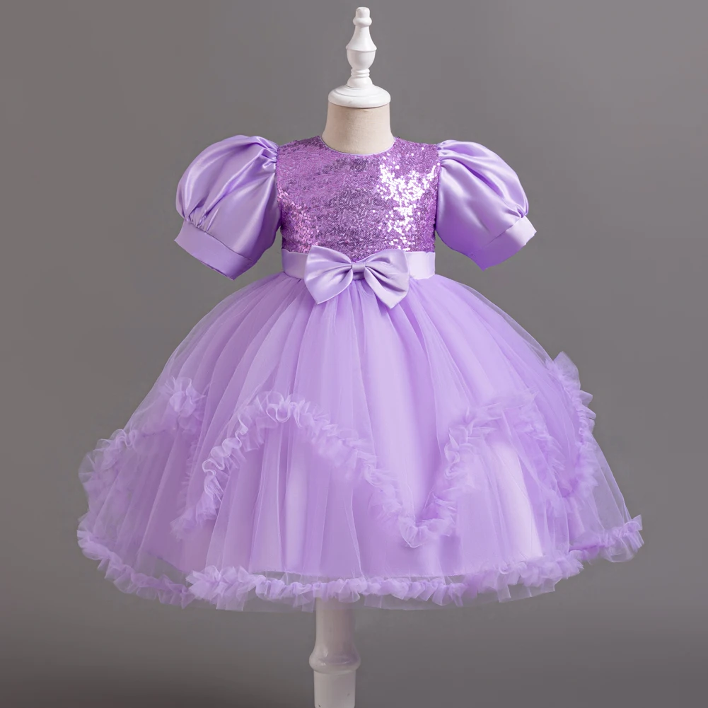 Purple Girls Dress Knee-length Bubble Sleeve Sequin Lace Bow Dress Holiday Party Piano Show Performance Dress 2-10 year old girl