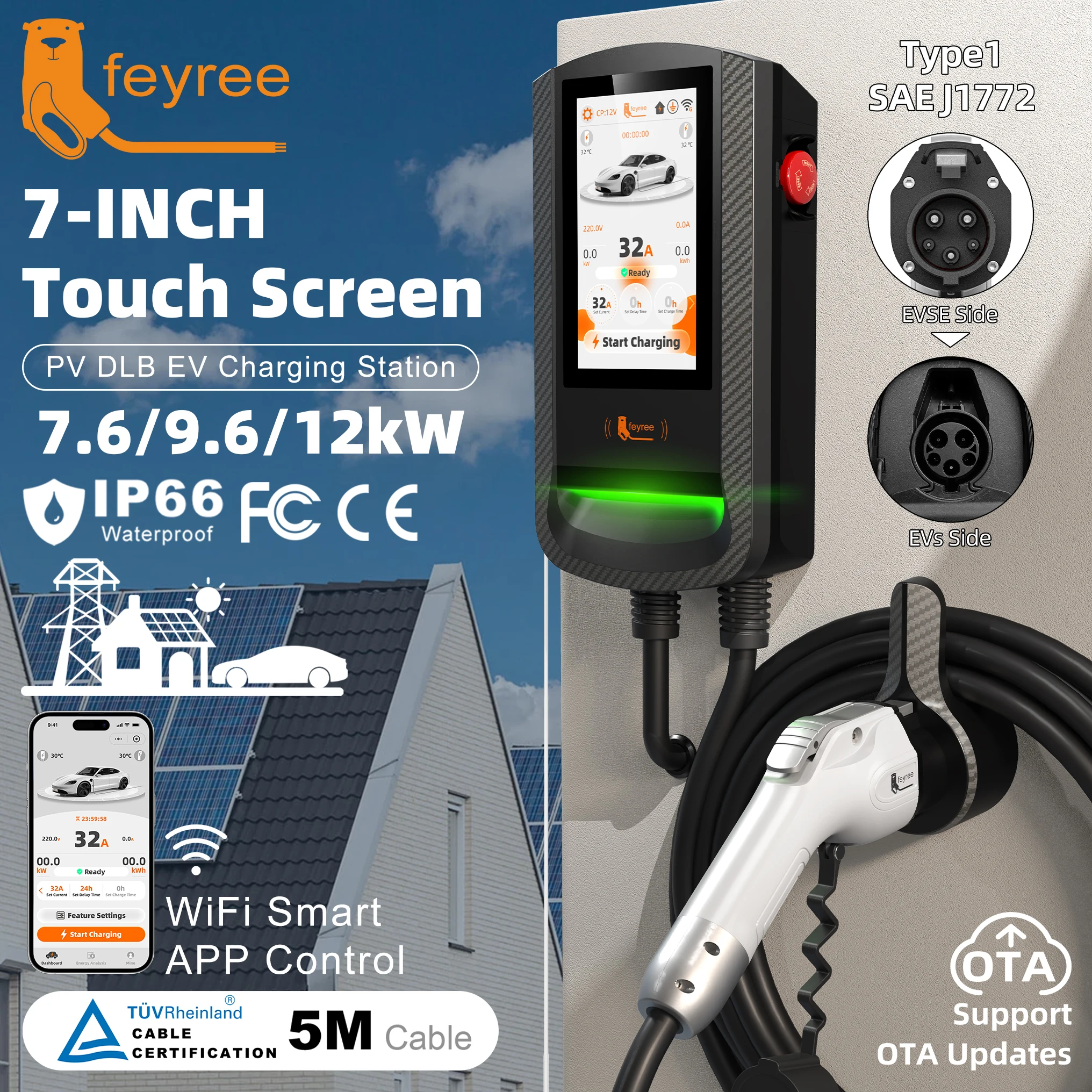 Feyree Type1 7.6kW EV Wallbox APP Control 9.6kW 7Inch Touch Screen OTA Charge Log PV Solar Dynamic Load Balancing 12kW EVCharger
