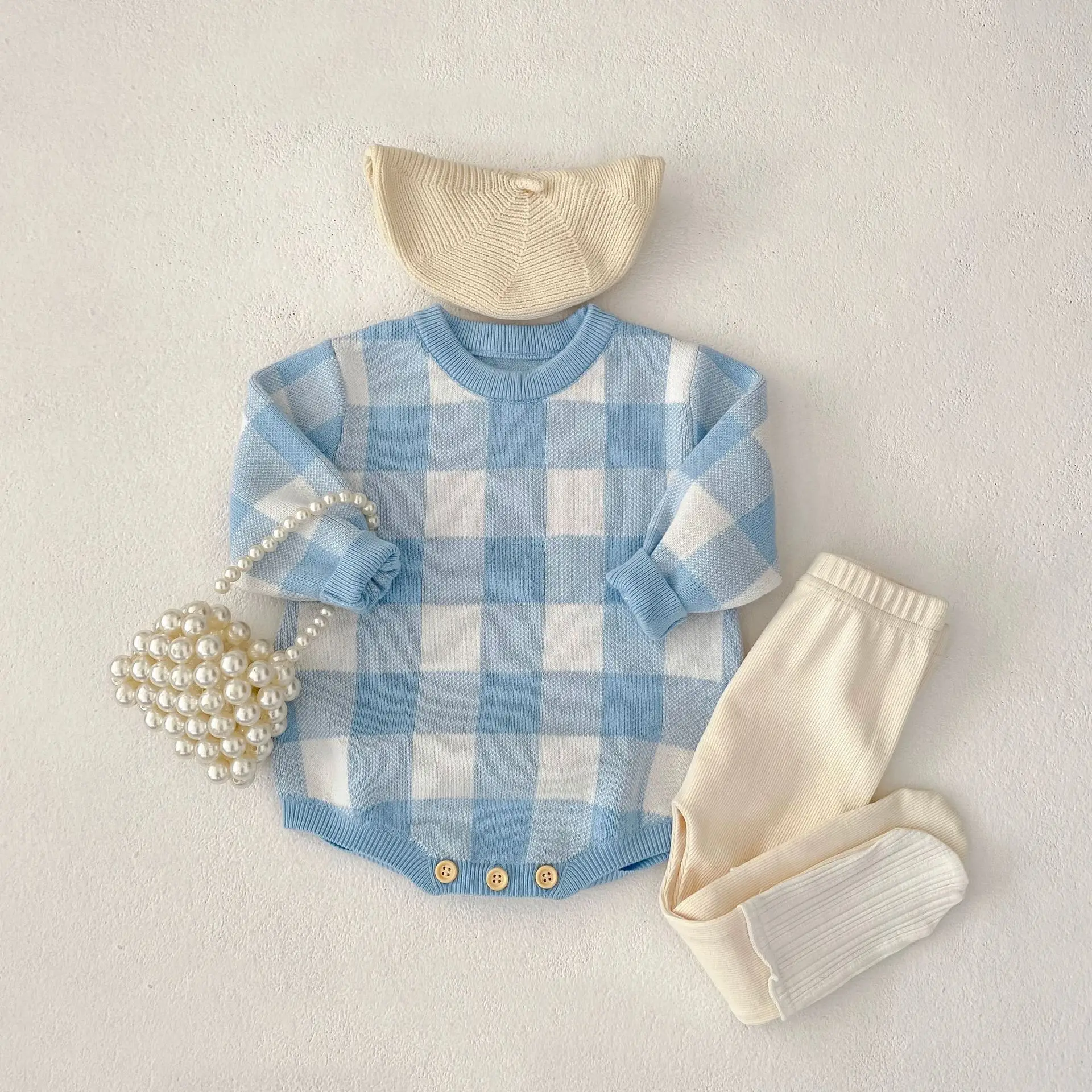 

Neutral Baby Knit Romper Checker Onesie Jumper Cable Knitting Infants Blue Pink Winter Clothes