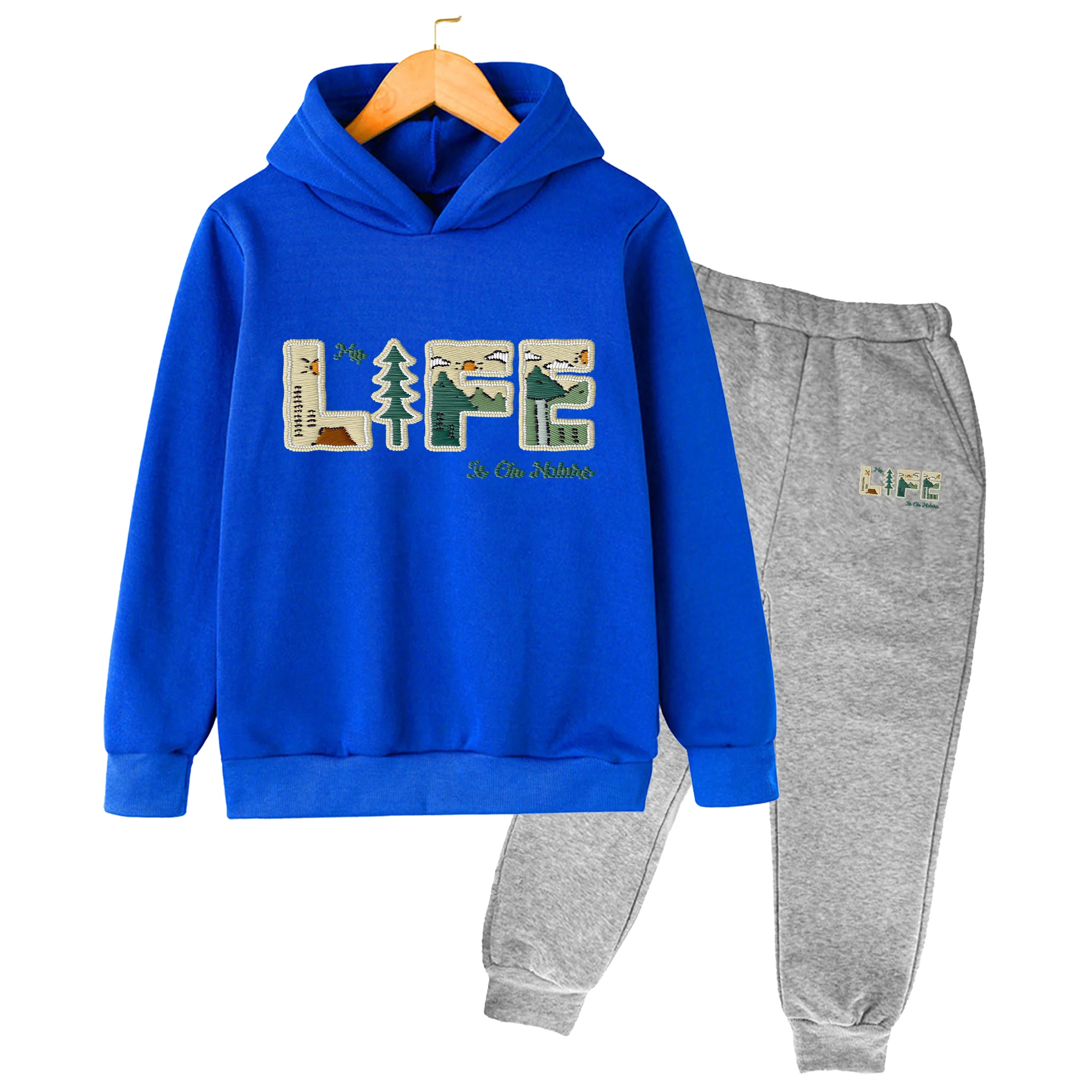 Children Clothing Sets Casual Retro Vintage Nature Scenery Letter Printed Boys Girls Hoodies + Sweatpants Suit 3-14Y Autumn Warm