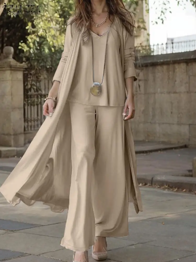 Women Autumn Tracksuits 3pcs Pant Sets ZANZEA Fashion Casual 3-Pieces Sets Solid Tank Tops and Cardigans Wide Leg Trousers Suit
