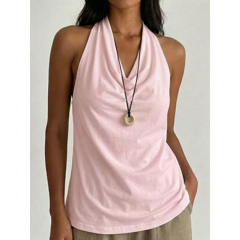 Women's Swing-neck Halter Top Summer Solid Color V-neck Backless Halter Top Simple 2026 European American Cross-border Women's